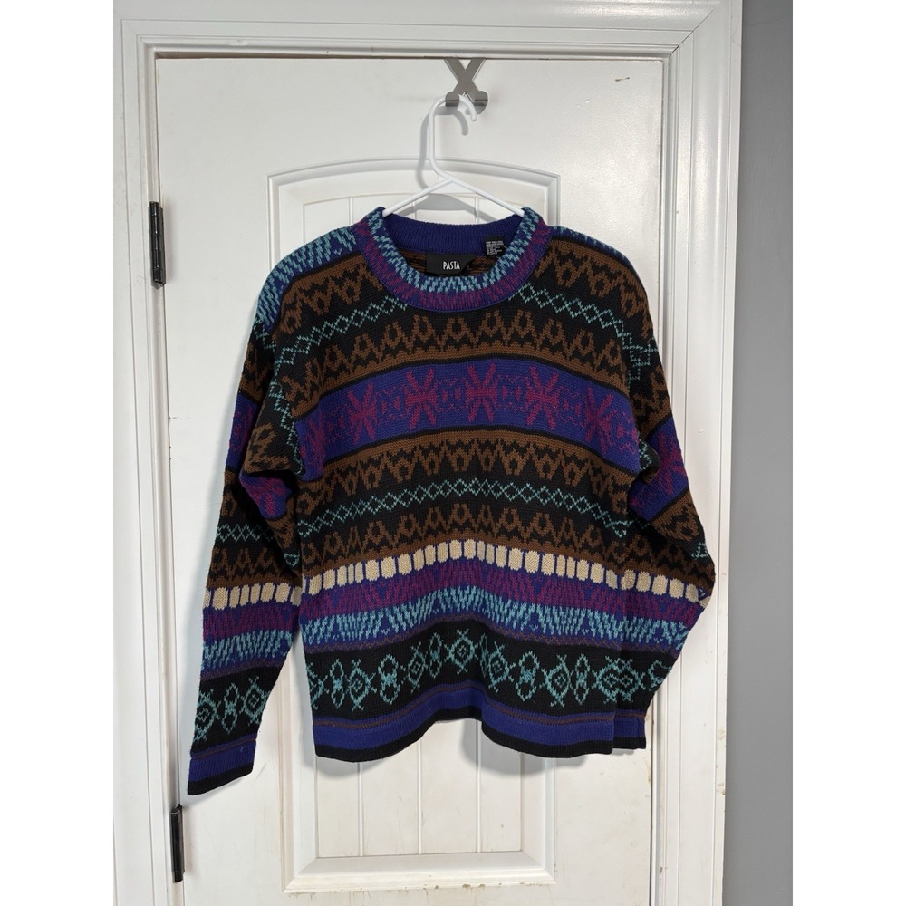 Sweater Vintage Medium 90s PASTA Long Geometric Black Purple Sweater Women Small